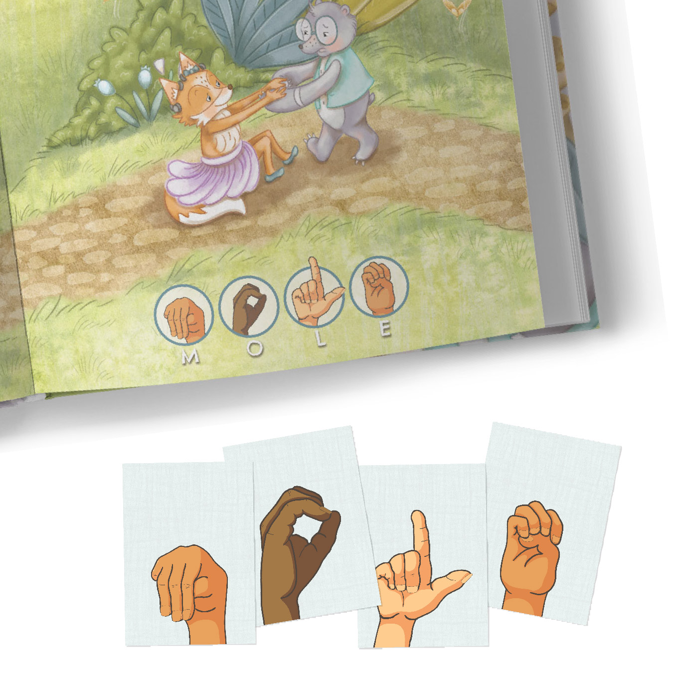 ASL alphabet flashcards mockup 03 showing part of a page from the children's book Ada and the Helpers that has the word "MOLE" spelled out in the ASL alphabet. Matching flashcards showing the ASL signs for MOLE are below the book.